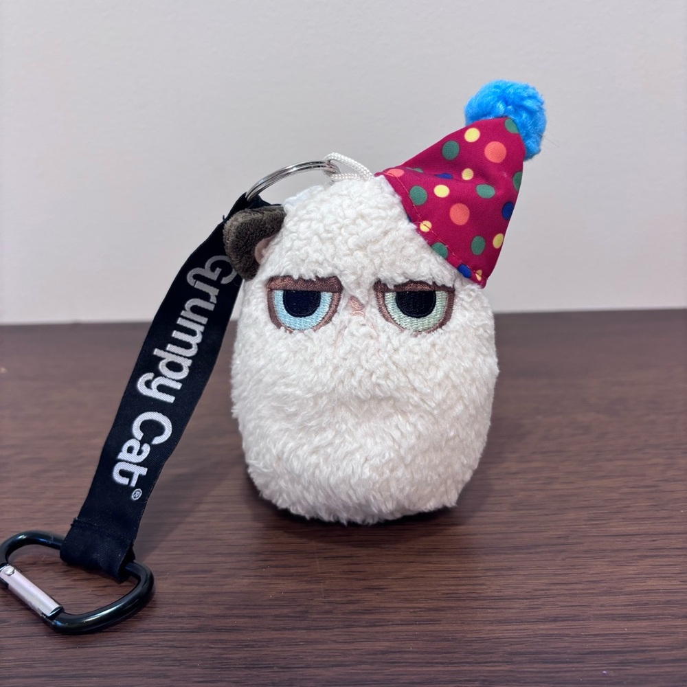 Grumpy Cat In Party Hat Mini Plush Keychain